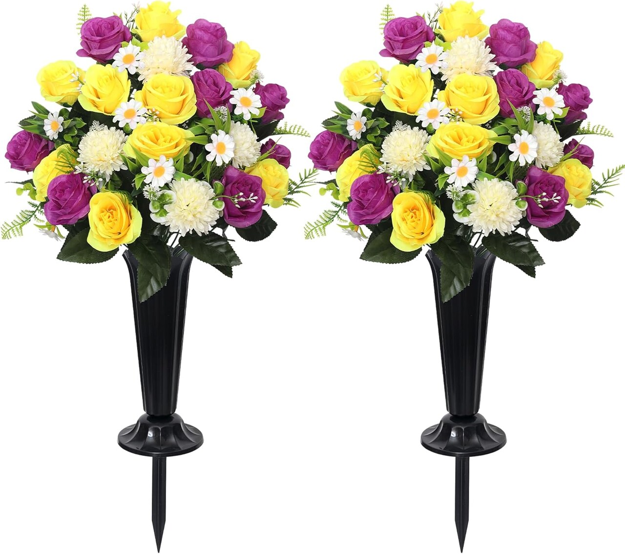 Cemetery Flowers for Grave – Artificial 24-Head Chrysanthemums, Rose & Daisy Bouquet with Vase for Outdoor Grave and Headstone Decorations (Purple)